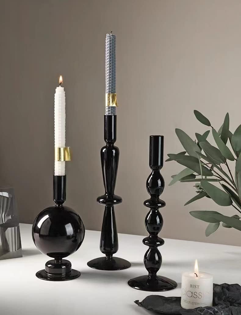Candle Stick Candle Holder, Glass Candle Holders for Table Centerpiece, Modern Style Black Candle Holder Mixed 4pcs