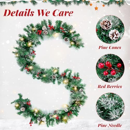 BlessedSeason 12FT Christmas Garland with Lights, Artificial Lighted Garland Indoor for Stairs, Fireplace, 65 Lights Green Garland, Cones & Red Berries & Pine Needle