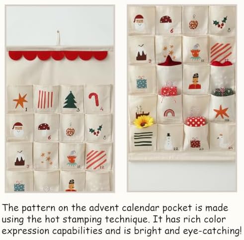 MONOBLANKS Fabric Hanging Advent Calendar with Pockets, Christmas Pattern B