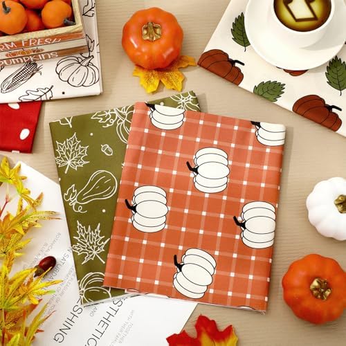 Whaline 12 Pcs Boho Fall Cotton Fabric Bundles Pumpkin Maple Leaf Plaid Fat Quarters Green Brown Thanksgiving Quilting Patchwork for Autumn DIY Sewing Craft Decor, 18 x 22 Inch