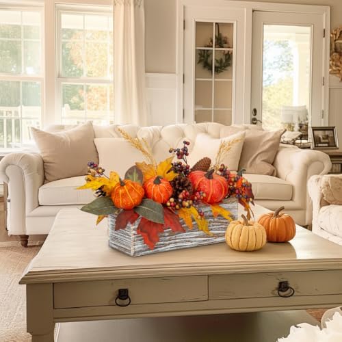 DILATATA Fall Decor Autumn Harvest Pumpkins Centerpiece - Artificial Maple Leaves, Berries and Pinecones Arrangement in Rectangle Wooden Box for Thanksgiving Party Mantel Fall Decor