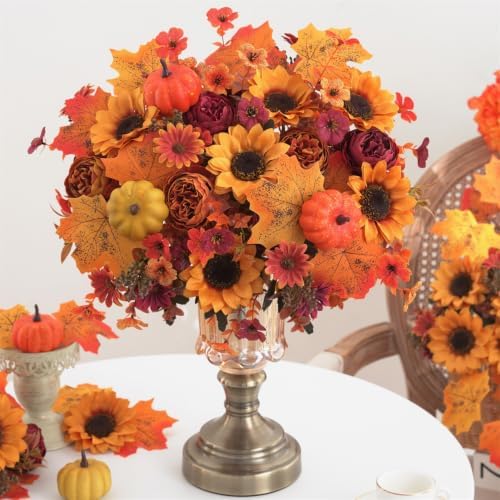Mixed 12 Pcs Fall Artificial Flowers, Sunflower Peony Bouquet with Maple Leaves Pumpkins, Autumn Faux Floral Arrangements for Table,Thanksgiving, Halloween, Porch Planters, Garden Patio Outdoors Decor