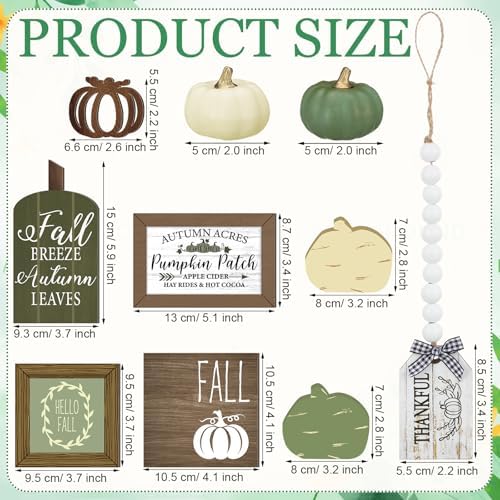 Reallnaive 18 Pcs Fall Thanksgiving Tiered Tray Decor Set Pumpkin Buffalo Plaid Wood Sign Hello Fall Rustic Farmhouse Neutral Tray Decoration Tabletop Sign for Autumn Home Kitchen Festival(Sage Green)