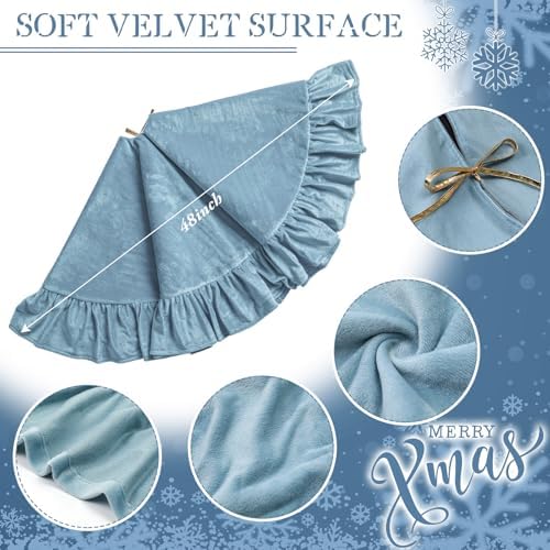 Velvet Christmas Tree Skirt, 48 Inches, Bow Style, Haze Light Blue