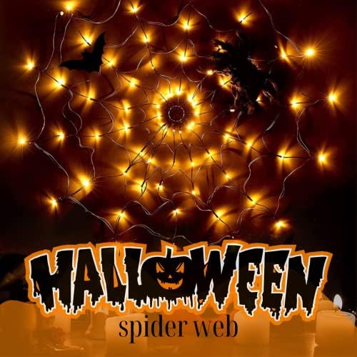 Halloween Decorations Spider Web Lights - 4FT Diameter 70 LEDs with Black Spider, Waterproof Net Lights, Remote Control, 8 Modes Cobweb Halloween Decorations for House Garden Indoor Outdoor (Orange)