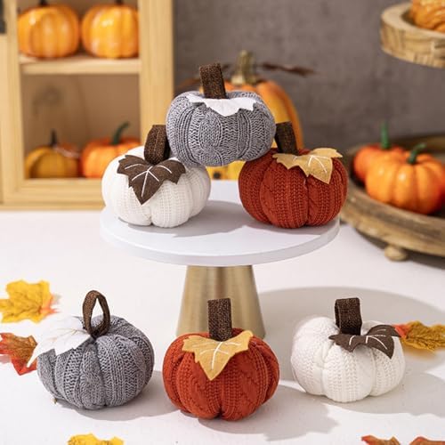 Kuriozud Faux Fall Harvest Crochet Pumpkins - Small Knit Rustic Farmhouse Foam Decor for Thanksgiving Halloween Autumn Mantel Table (Orange, 9cmx9cmx6cm)