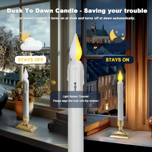 6 Pcs Sensor Dawn to Dusk Window Candles, Flameless Battery Candles for Windows, Led Candlesticks with Gold Holders, Flickering Candle Lights for Xmas Home Decor, Warm Yellow Light