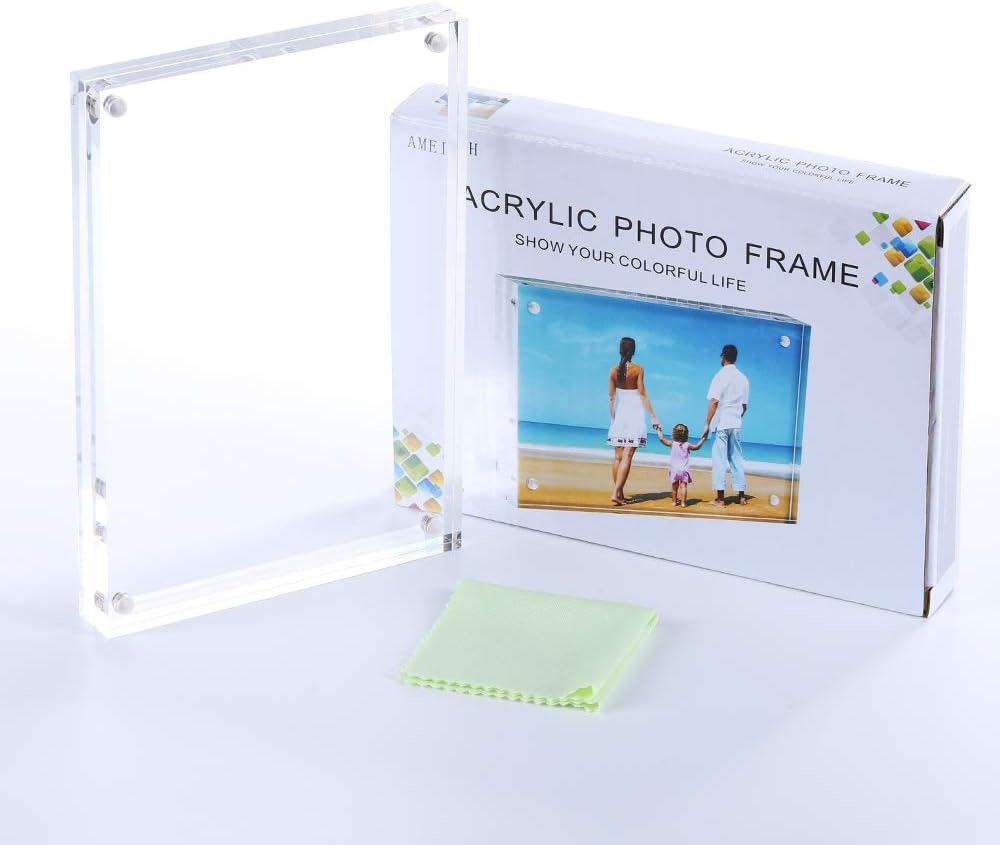 AMEITECH 5x7 Acrylic Photo Frame 2 Pack, Clear Magnetic Picture Frames, 10 + 10MM Thickness Stand in Desk or Table