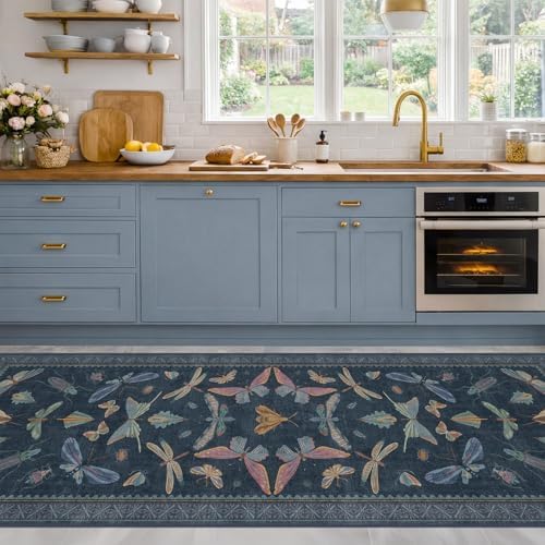 Vintage Dark Blue Insect Moth Runner Rug 3x8, Non Slip Washable Carpet for Hallway & Entryway, Kitchen, Soft Low Pile