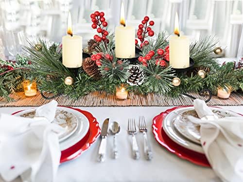 Lvydec Christmas Candle Holder Centerpiece - Pine Cones and Red Berry Table Centerpiece with 3 Candle Holders for Festival Table Home Decoration