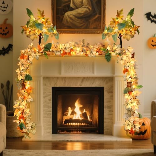 Fall Decorations Lighted Fall Garland, 9FT 50 Count Incandescent Lights Brown Wire UL Certified Connectable Maple Leaves String Lights for Home Fireplace Mantle Thanksgiving Decor