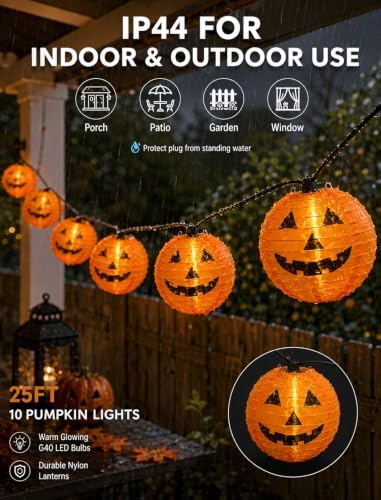 25FT Halloween Pumpkin Lantern String Lights, 10 Large Jack O'Lanterns