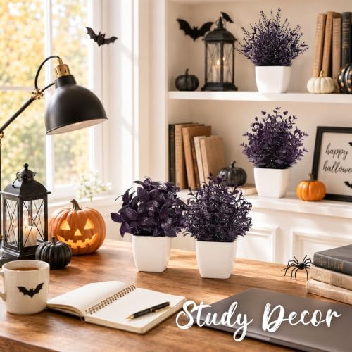 Der Rose 4 Pack Purple Fake Plants in Pots for Halloween Indoor Decor