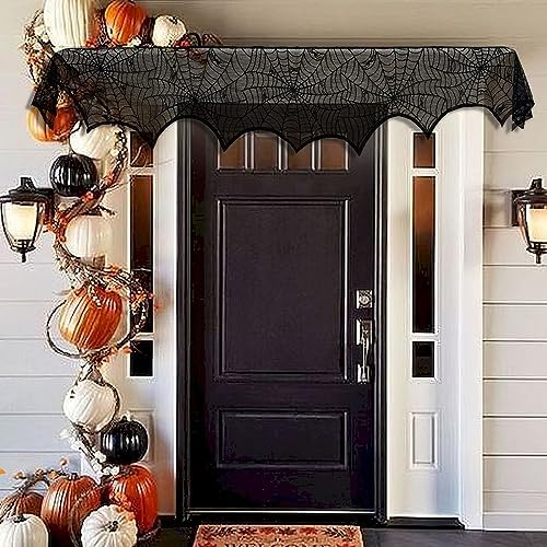 OurWarm Halloween Mantle Scarf, Lace Black Spider Web Fireplace Cover Decor