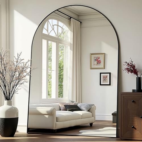 Prywot Full Length Mirror, Oversized 90"x46" Arched-Top Floor Mirror, Black