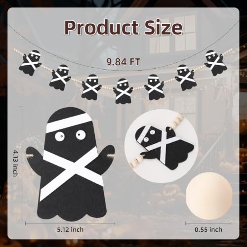 GreenD Halloween Garland Ghost Garland Banner Cute Handmade Black Felt Wood Beads Adjustable Hanging 9.84FT Fireplace Wall Table Window Indoor Outdoor Home Party Decor Supplies