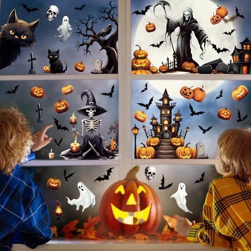 SULOLI 8 Sheets Halloween Window Clings, Scary Halloween Window Stickers Removable Double Sided Halloween Black Window Decals for Glass Window Halloween Decoration
