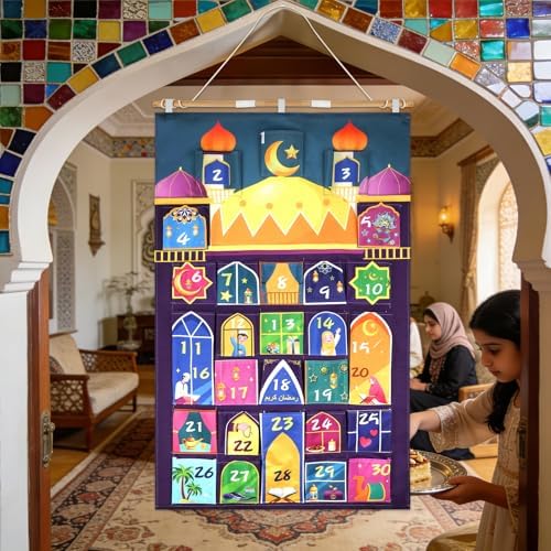 HOWAF Fabric Ramadan Advent Calendar (Countdown to Eid), Mosque Eid Ramadan Countdown Calendar with 30 Pockets for Ramadan Mubarak Home Wall Decoration, Islamic Decor Eid Holiday Advent Calendar Planner Supplies
