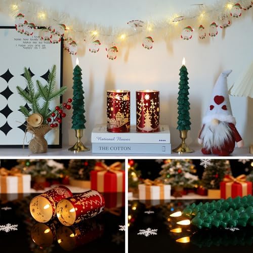 MUMCHASI Chritsmas Flameless Candles, Battery Operated Christmas Candles, Real Wax Glass Flickering LED Candles, Tree Candlestick for Home Christmas Decor, Remote Timer