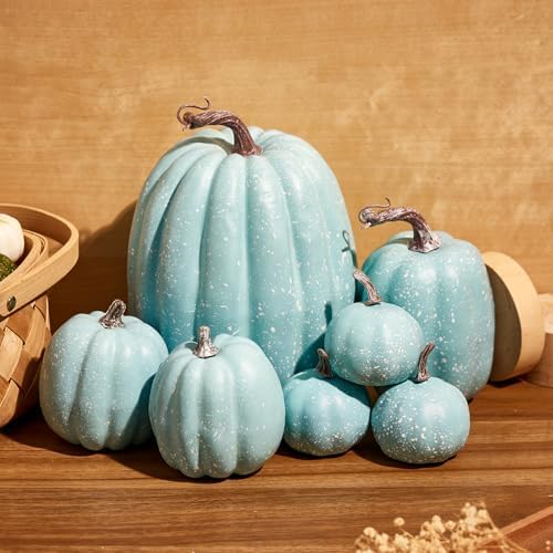 Halloween Autumn Harvest Festival 7 Artificial Pumpkins of Various Styles Decorate Rural Style Farmhouses Foam Pumpkins Thanksgiving Dinner Party Home Festival Autumn Decoration (Light Blue)