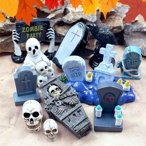 20 Halloween Miniature Figurines,Mini Resin Tombstones Skull Heads Figures
