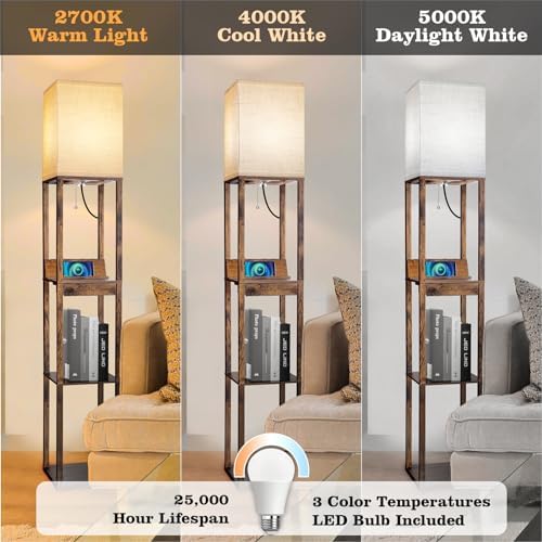 RUNTOP Floor Lamp with Shelves, Shelf Floor Lamp with Wireless Charger & 2 Charging USB Ports & Drawer, AC Outlet, 3