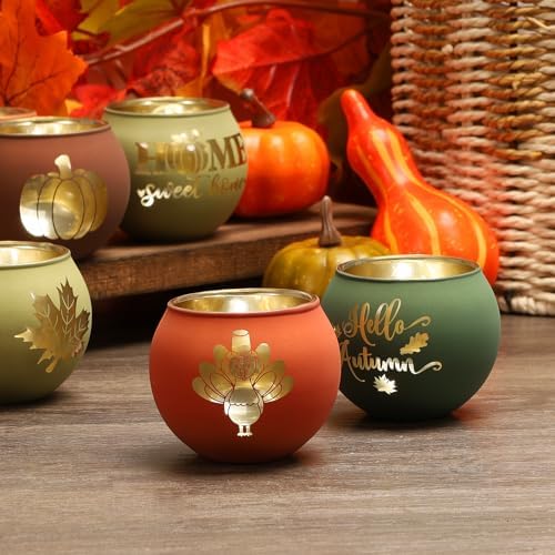 8 Pack Fall Votive Candle Holders, Glass Tealight Holders, 8 Patterns