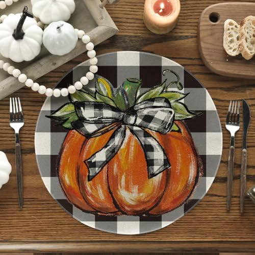 Artoid Mode Buffalo Plaid Pumpkin Fall Round Placemats Set of 4, 14 Inch Round Table Mats for Dining Decoration