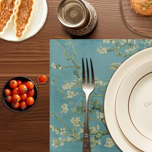 Almond Tree in Blossom Placemats Set of 6,Washable Heat Resistant 12×18 Inch Linen Table Mats Art Place Mats for Party Outdoor Dining Décor