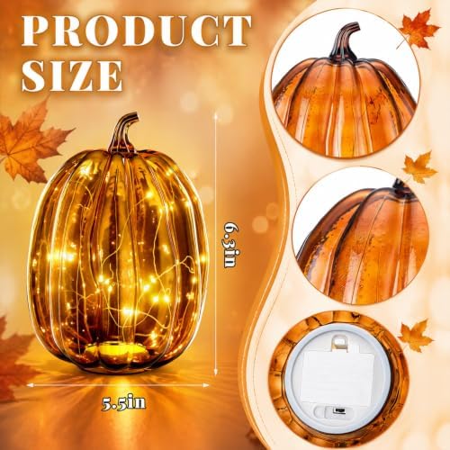 Glooglitter Mercury Glass Pumpkin Light LED Fall Lamp, Oval, Amber, Large