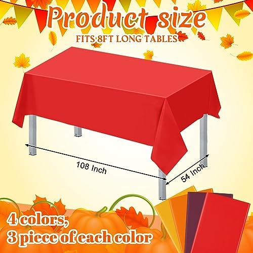 Frienda 12 Pcs Fall Plastic Tablecloths Disposable Orange Yellow Red Brown