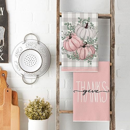 Artoid Mode Pink Pumpkin Leaves Fall Kitchen Towels Set of 4 18x26 Inch