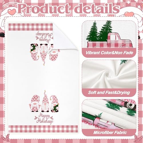 Sratte 6 Pcs Pink Christmas Kitchen Towels, Gnome Buffalo Plaid Dish Towel