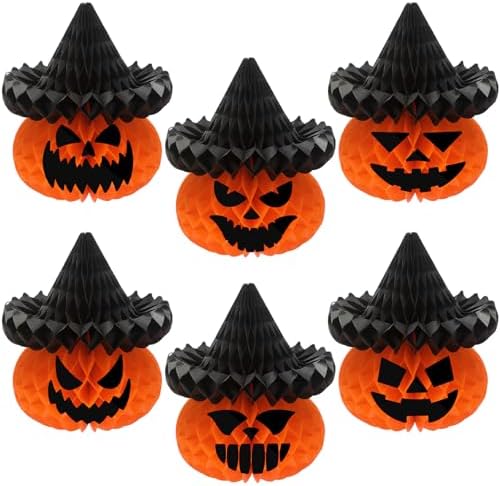 Fourluoo 6 Pcs Halloween Pumpkin Witch Hat Paper Honeycomb Centerpieces