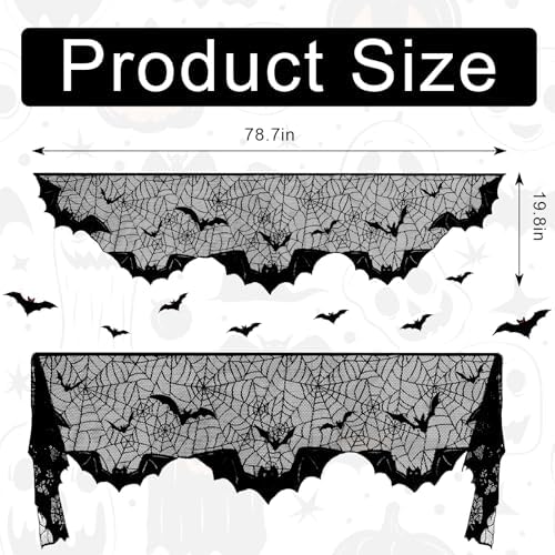 On-Airstore Halloween Mantle Scarf Bat Spider Web Fireplace Scarf Black Embroidered Lace Table Runner Mantle Cover for Halloween Fireplace Decoration Halloween Party Supplies 79 x 20 Inch