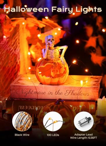 Orange Fairy Lights Plug in, Thanksgiving Fall Decorations, 33FT 100LEDs Halloween String Lights, Waterproof Black Wire Lights for Home Party Ghost Haunted House Indoor Outdoor Halloween Decorations