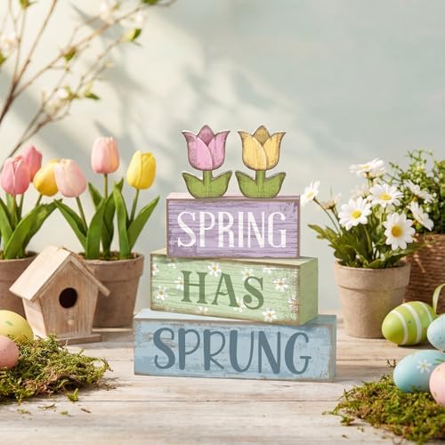 Moucuny 4 Pcs Spring Wooden Block Signs Farmhouse Tray Decor Tulips