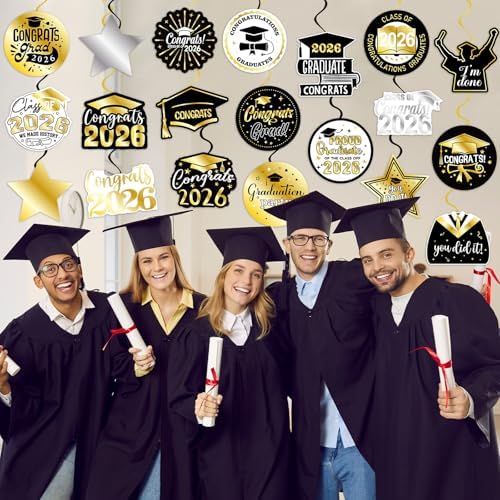 40Pcs Graduation Party Hanging Swirl Decorations, Black Glod Class of 2026 Congrats Grad Hanging Swirls Ceiling Decorations for 2026 Graduation Party Decor Supplies