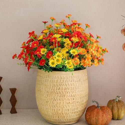 alyptus Faux Flowers Outdoor Artificial Mums – 12 Bundles UV Resistant Fall Flowers for Planter Porch Patio Yard Garden Decoration(Red 5, Orange 5, Yellow 2)