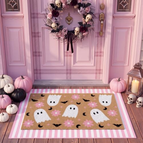 Tinideya 2 Pcs Halloween Pink Ghost Layered Doormat Set