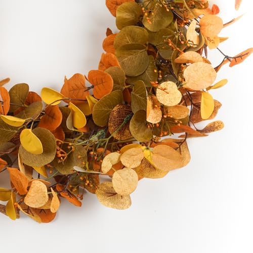 Eucalyptus Fall Wreaths for Front Door 22", Handmade Fall Leaves Wreath for Autumn, Floral Farmhouse Wreath for Wall and Outside Indoors
