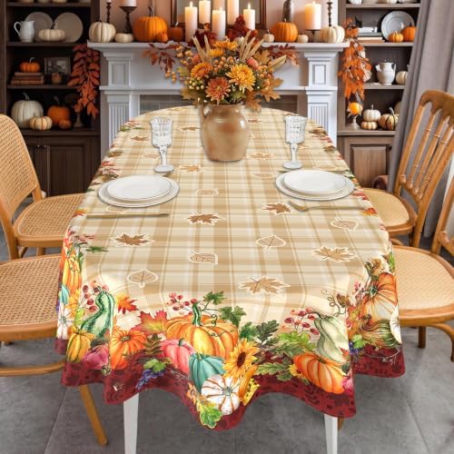 Fall Plaid Oval Tablecloth 60 x 102 Inch, Stain Resistant Washable Fabric Autumn Harvest Pumpkin Table Cloth Oval Fall Tablecloth Table Cover for Kitchen Dining Party