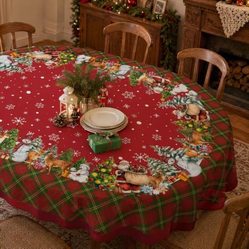 Christmas Tablecloth 60x84 Inch, Santa Claus & Snowman Water Resistant Oval Table Cover, Farmhouse Winter Holiday Table Decor for Xmas Dinner Party Kitchen Home