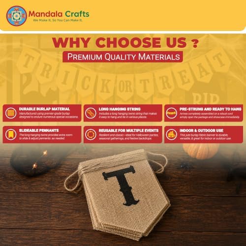 Mandala Crafts Halloween Banner - Trick or Treat Halloween Burlap Banner Pennant Garland Bunting for Fireplace Mantle Porch Party Decorations