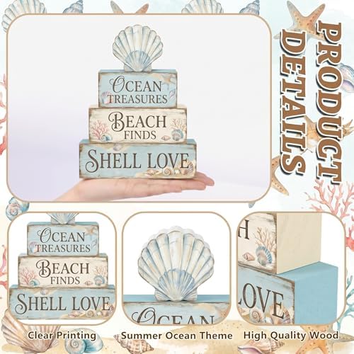 Britimes Tiered Tray Decor Set, 4 Pack, Wooden Table Sign, Seahorse Coastal
