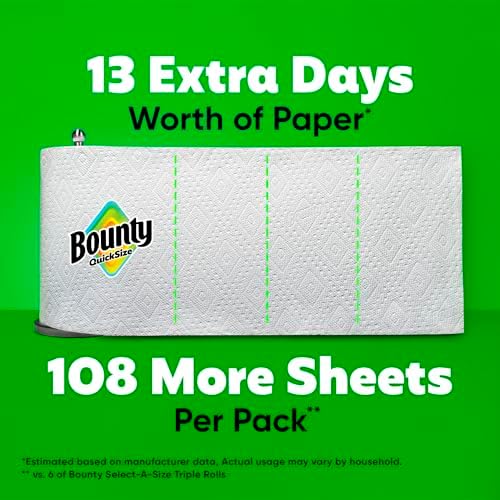Bounty Paper Towels Quick Size, White, 6 Family Triple Rolls = 20+ Regular Rolls