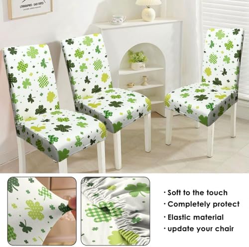 St. Patrick's Day Dining Room Chair Covers，St Patricks Day Chair Covers Set of 4, Green Four Leaf Clover Dining Chair Covers, Elastic Removable Washable Dining Chair Covers
