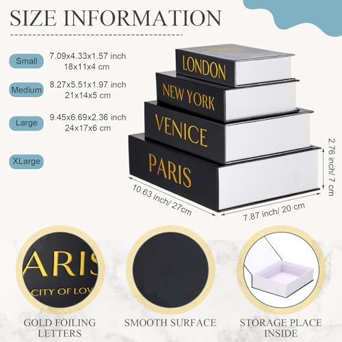 Sabary Set of 4 Decorative Books Boxes Faux Books Stacked for Modern Home Coffee Tables Bookshelves DIY Crafts Decor, Black and Gold