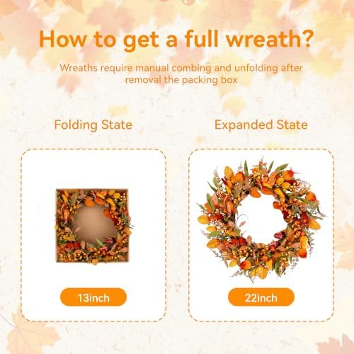 Pinkpum 22" Fall Wreath for Front Door Pumpkin Artificial Wall Decor Autumn