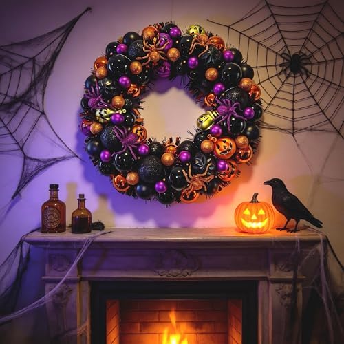 HipTree 17 Inch Halloween Ball Wreath for Front Door with Lights